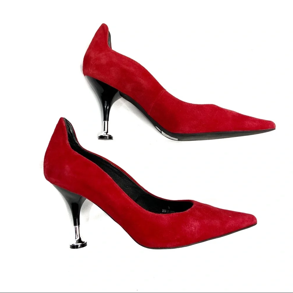 Jeffrey Campbell red suede heels with silver flare heels - Picture 2 of 8